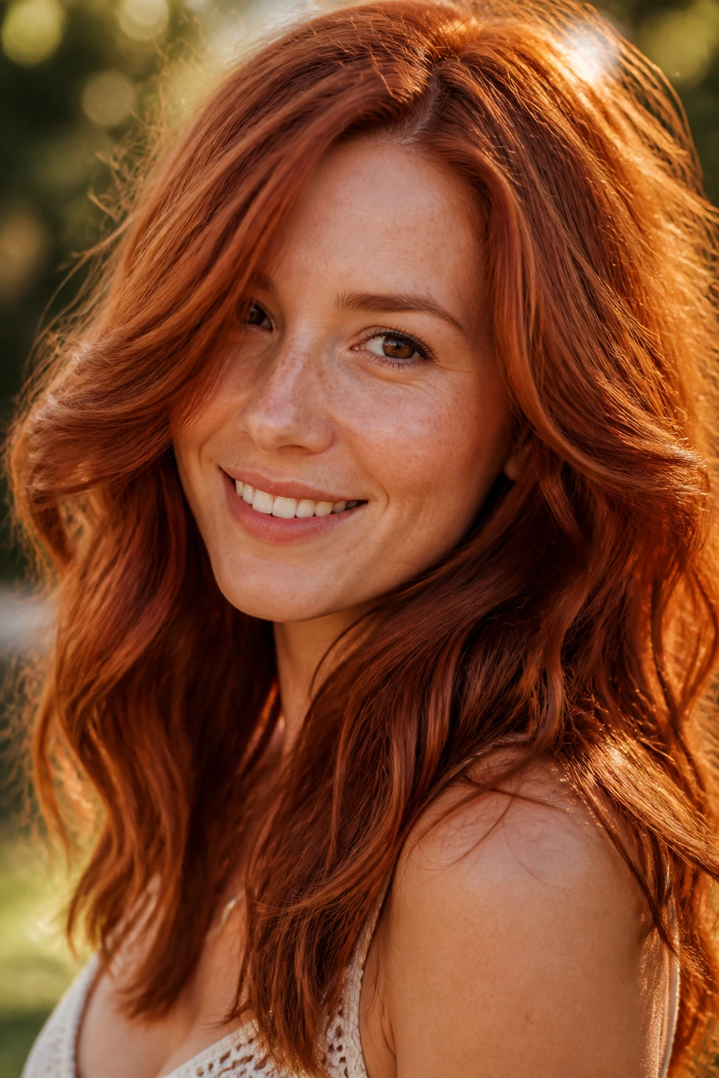 Close-up of a real woman's hair in paprika pop red shade with natural waves