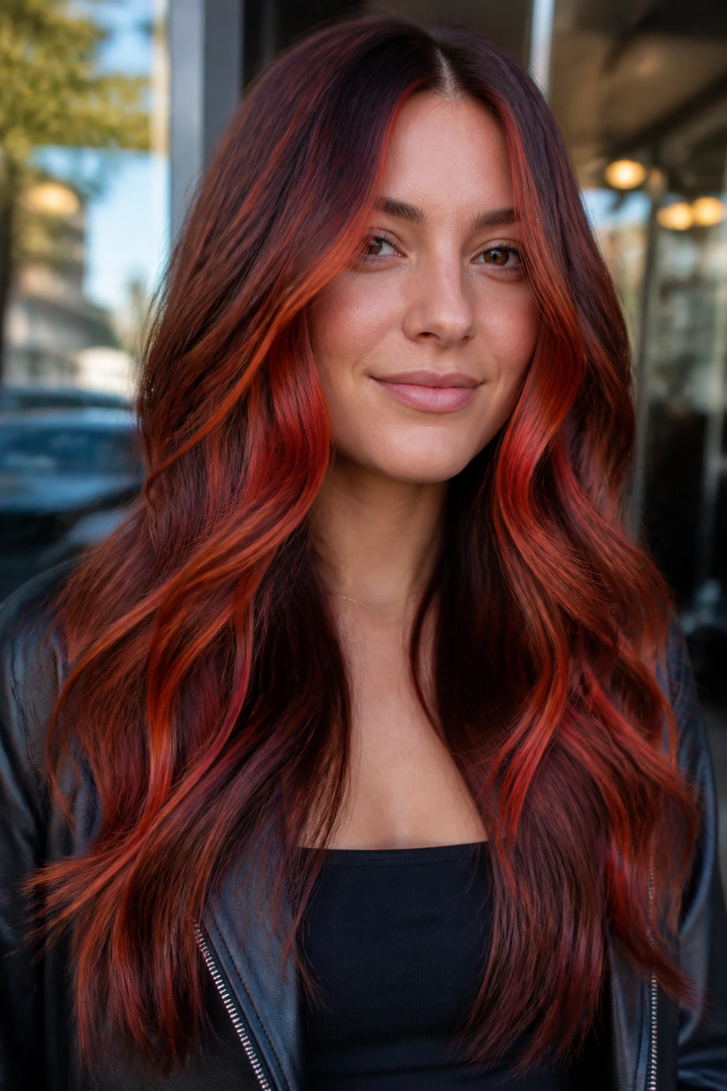 Close-up of paprika red chunky ribbons in long hair on a real person