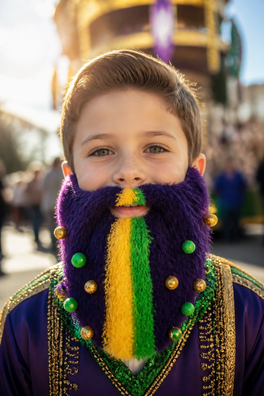 Boy wearing a large colorful parade beard with a float in the background