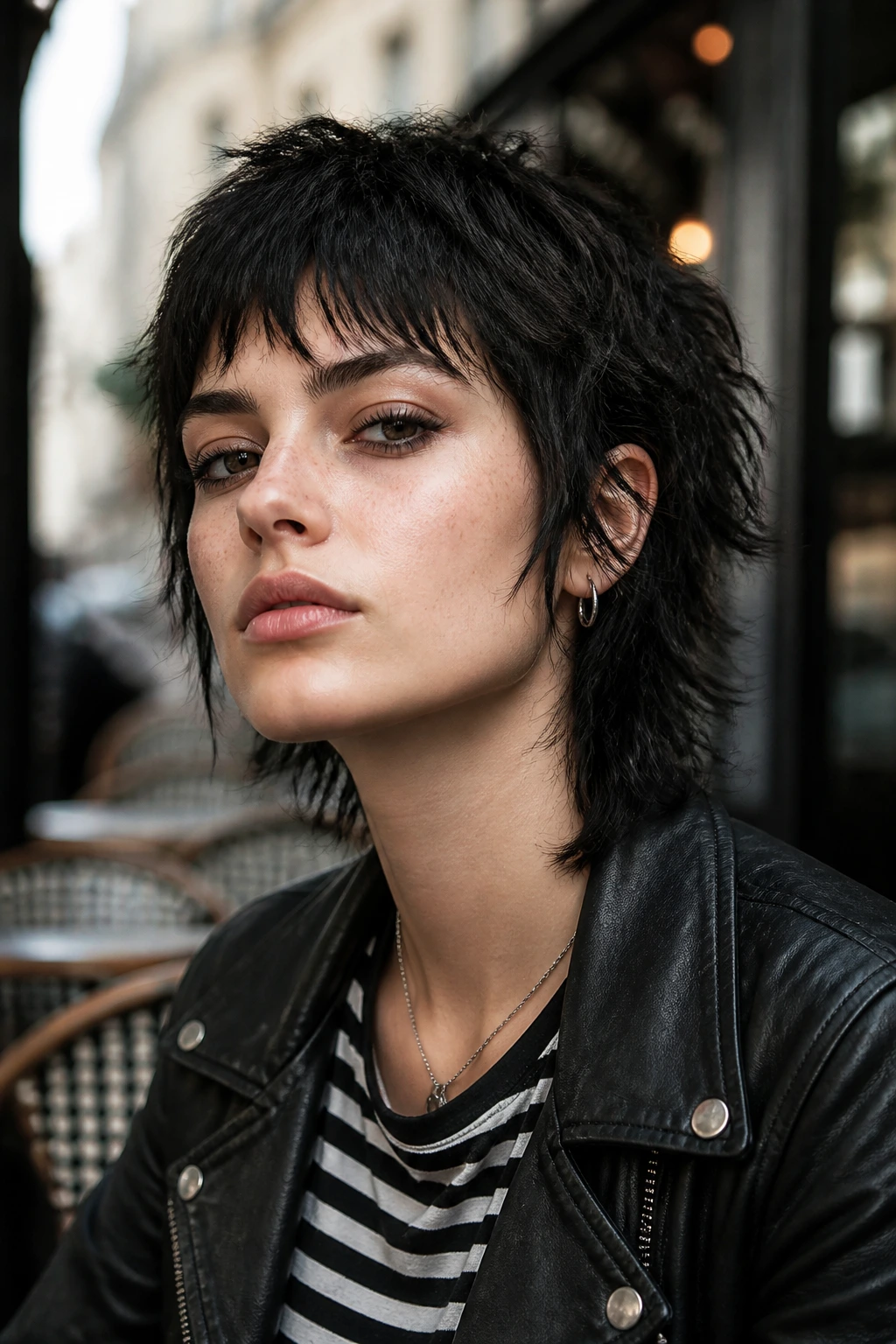 Close up of real person with Paris punk wolf cut in an urban cafe setting