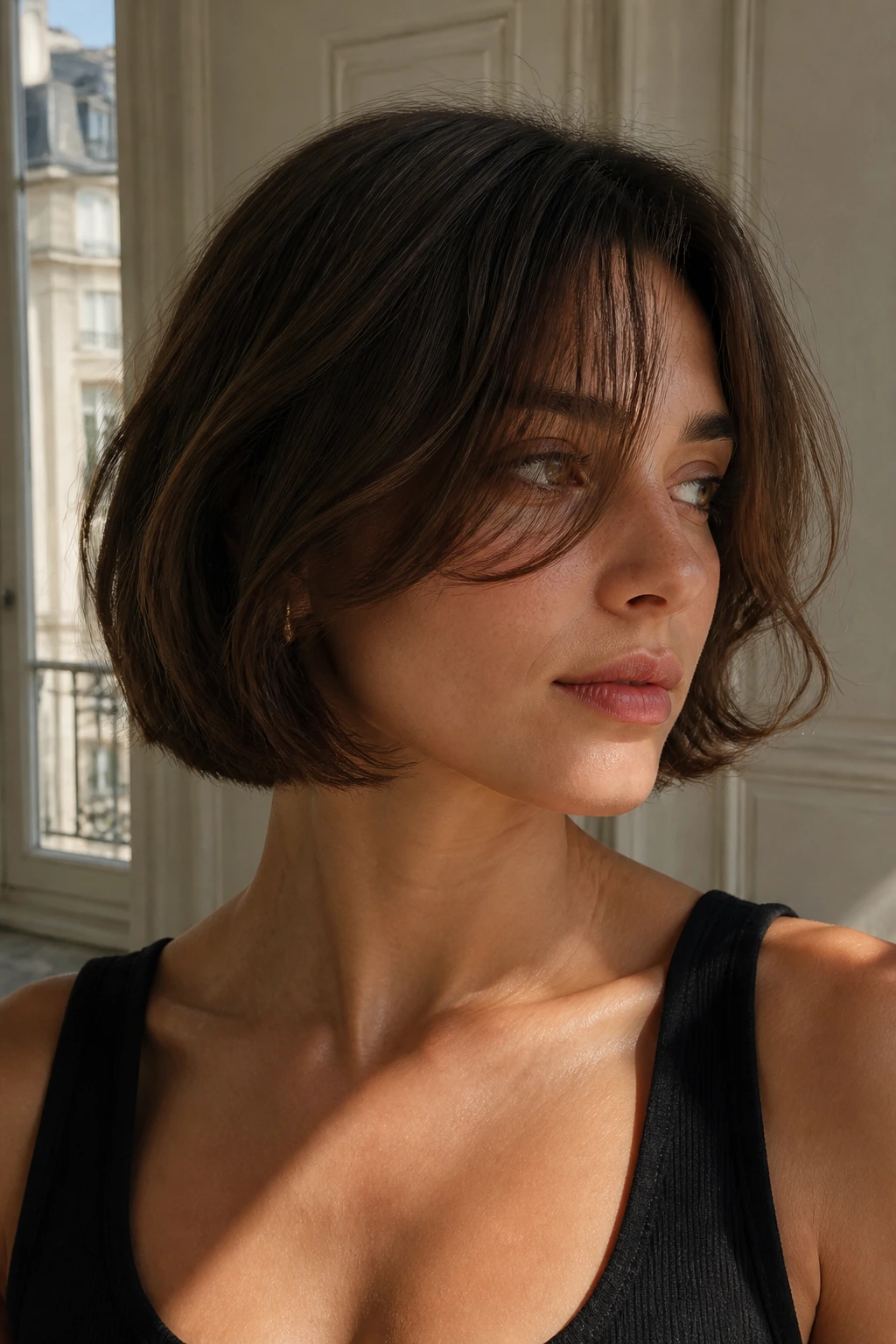 Real woman with chin-length Parisian bob and loose curtain bangs by window