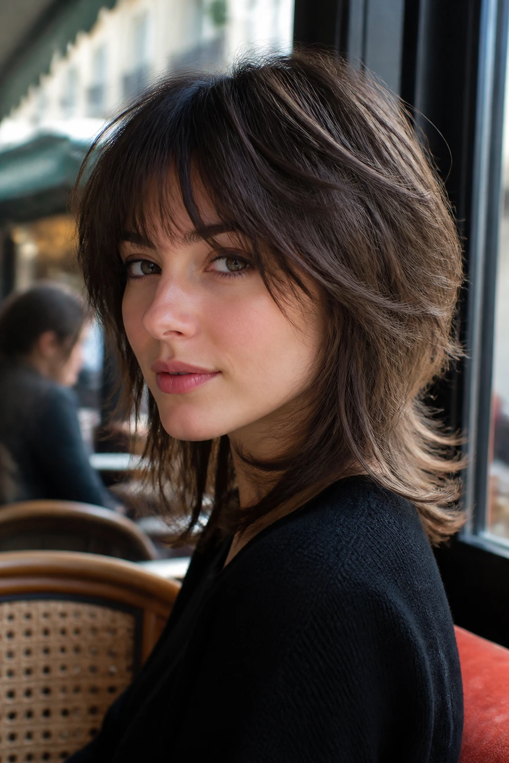 Close-up of a real woman with Parisian feathered face-framing shag in daylight