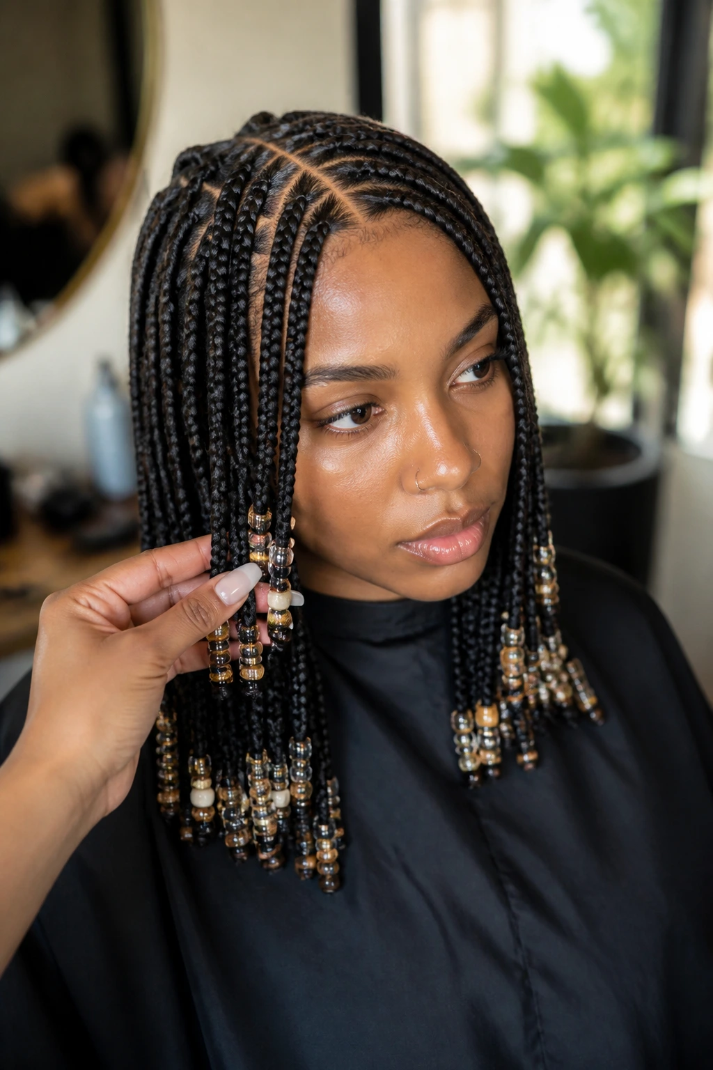 Close-up real woman knotless braids beads, part change demonstrated in a modern salon