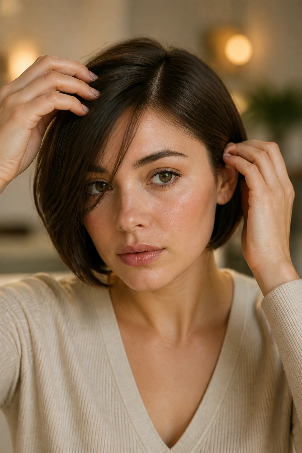 Woman adjusting part and tucking side to refine short hairstyle