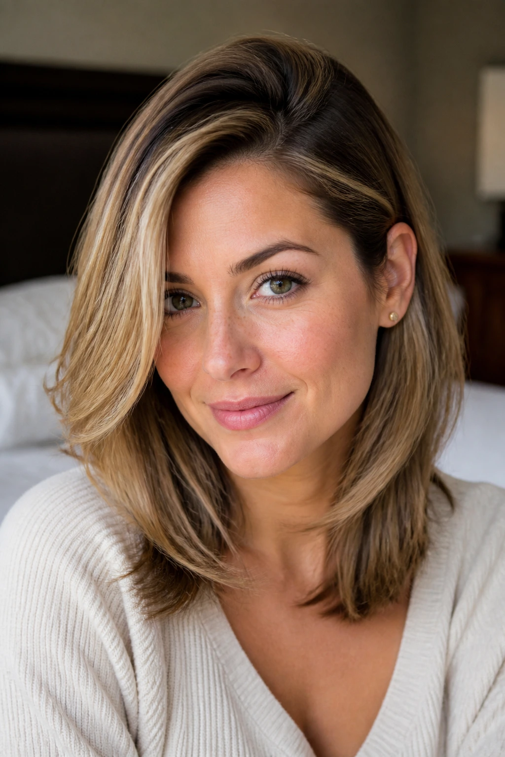 Close-up of a real woman with an off-center part and crown lift to sharpen the shape.