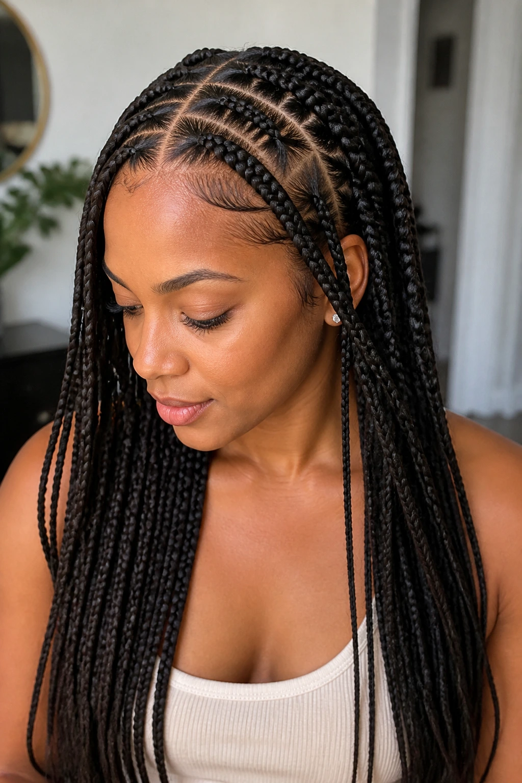 Portrait of a real person with knotless braids showing center and side parts on the scalp.