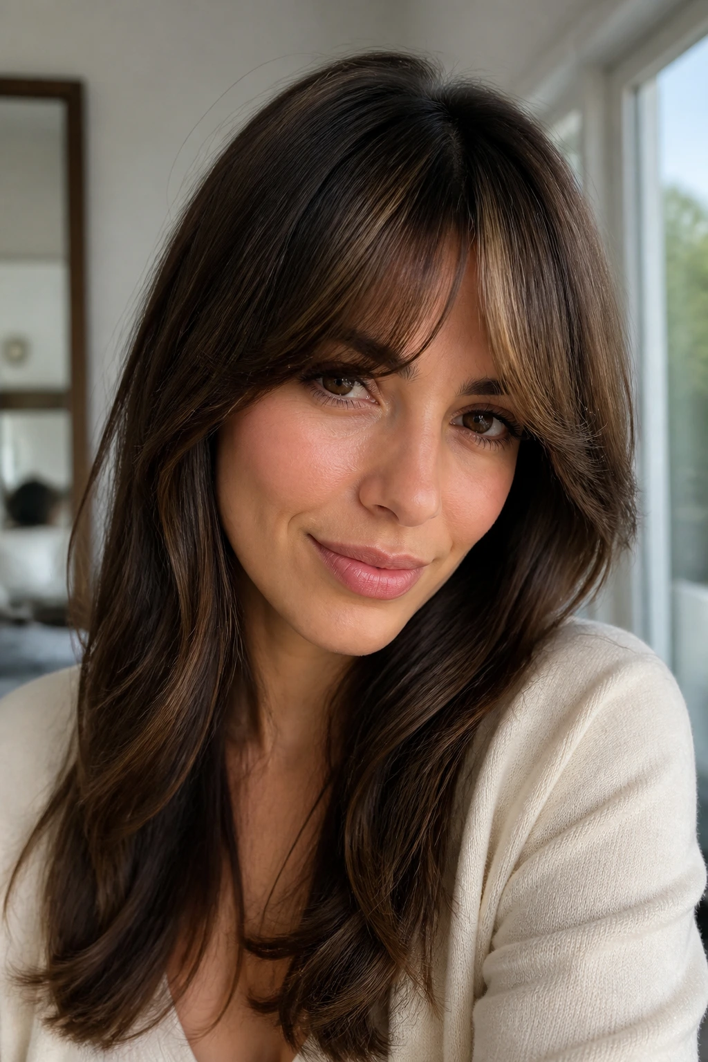 Portrait of a woman showing bangs with a side-part and soft bend