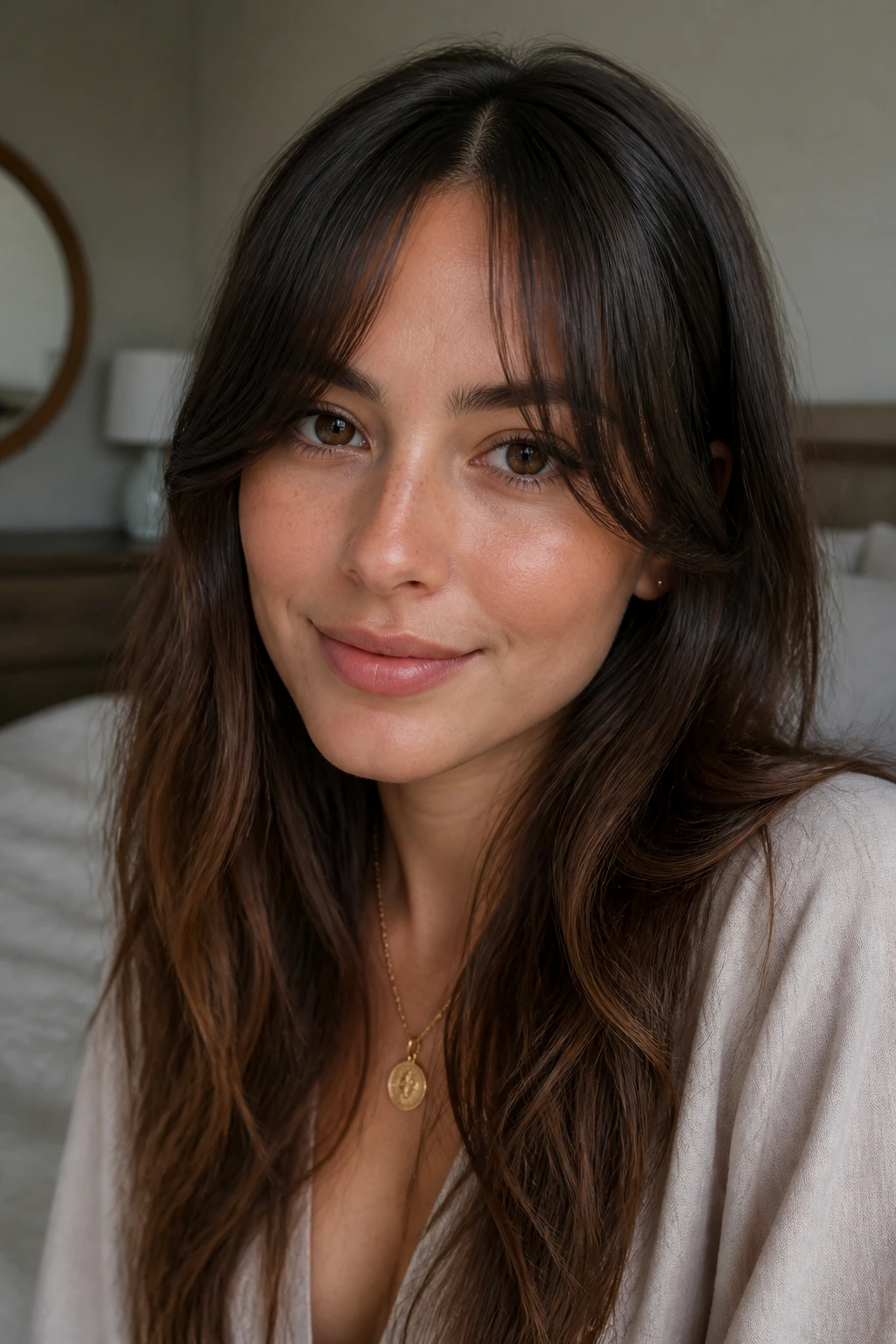 Close-up portrait of a woman with parted bangs framing a soft face