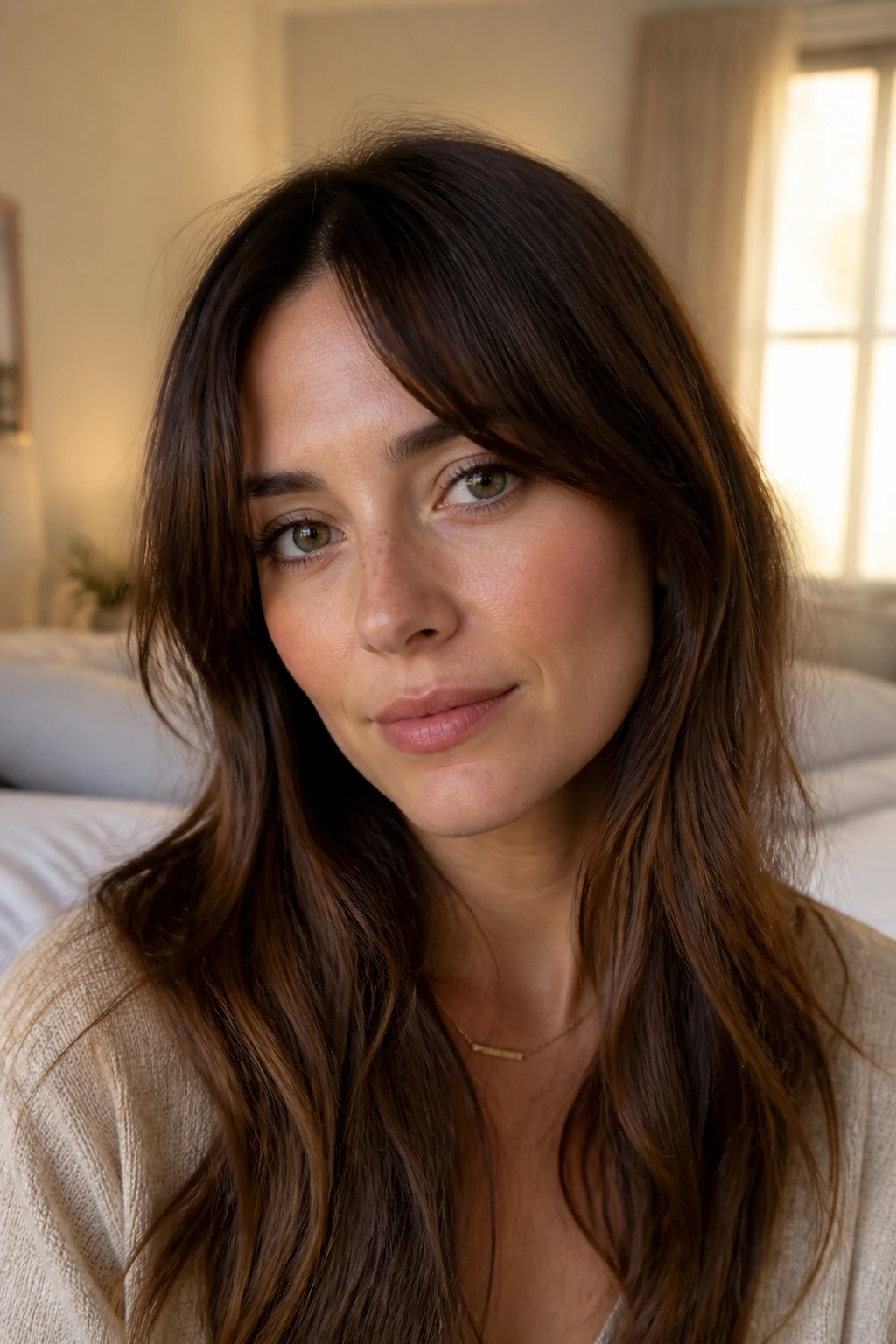 Close-up of a real woman with a soft, parted fringe and barely-there split.