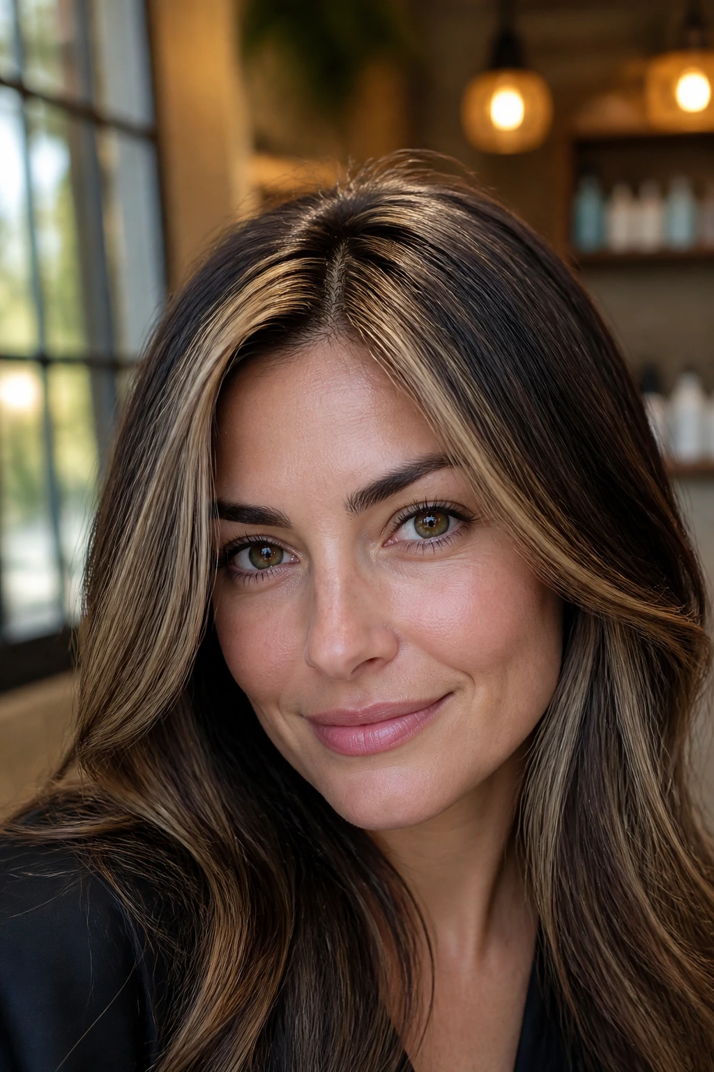 Close-up of hair with top-layer highlights around crown in a salon setting