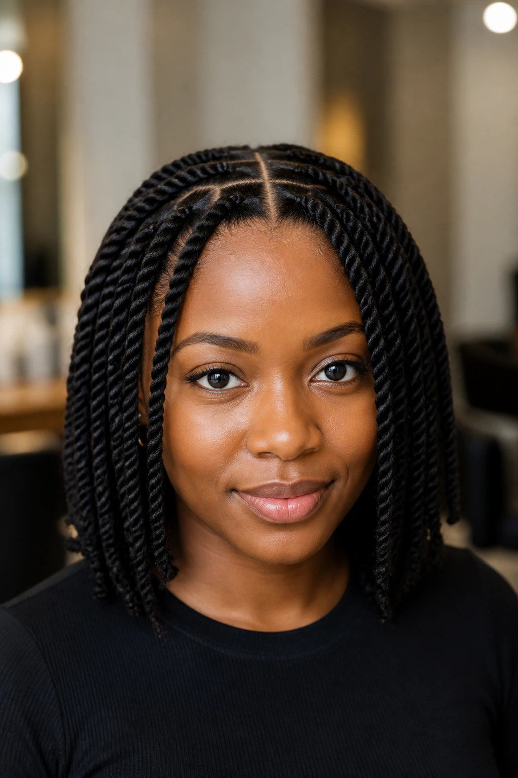 Front portrait showing crisp parting lines on medium-length twists