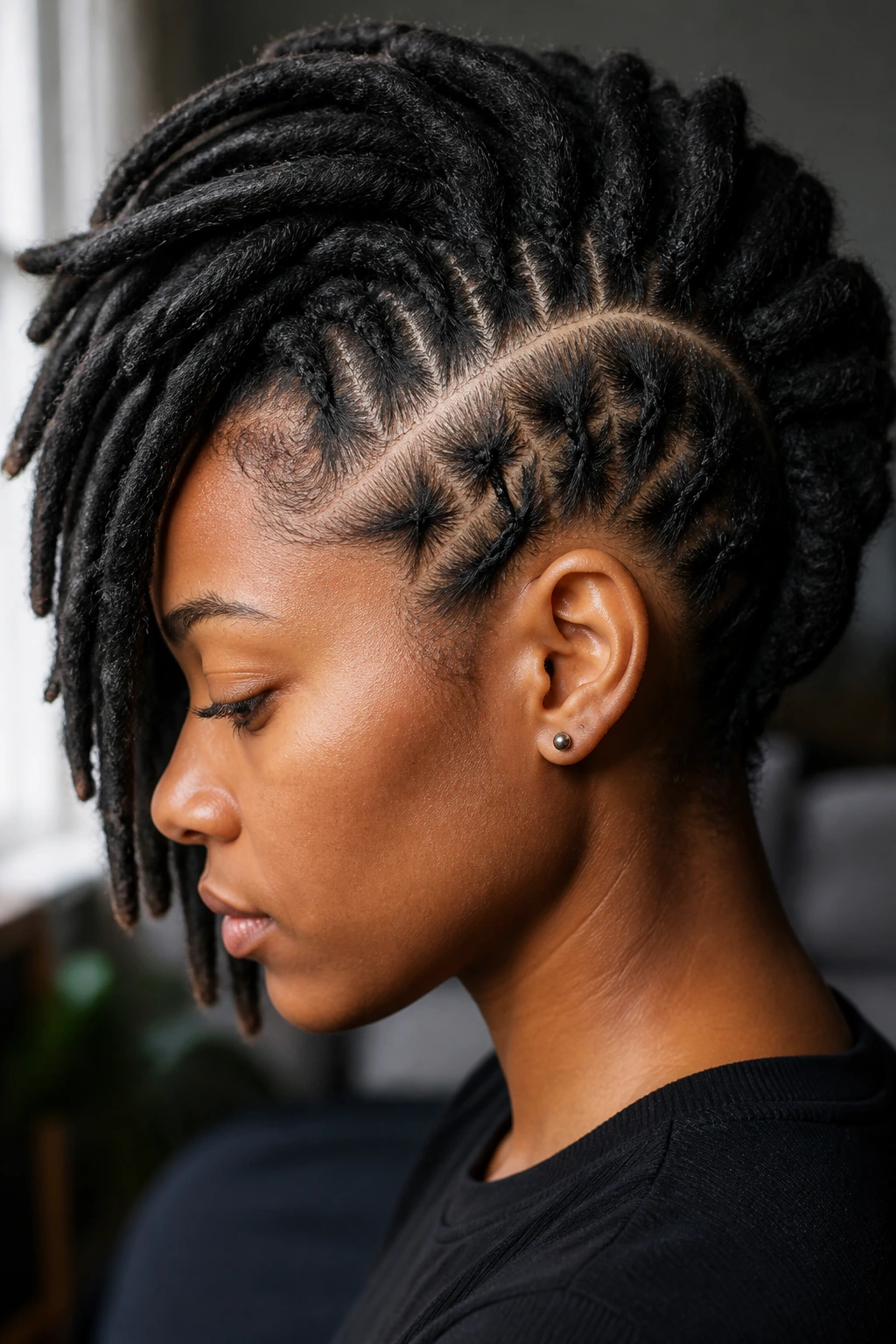 Real person with a deep side part in dreadlock mohawk and neatly prepped dry roots.