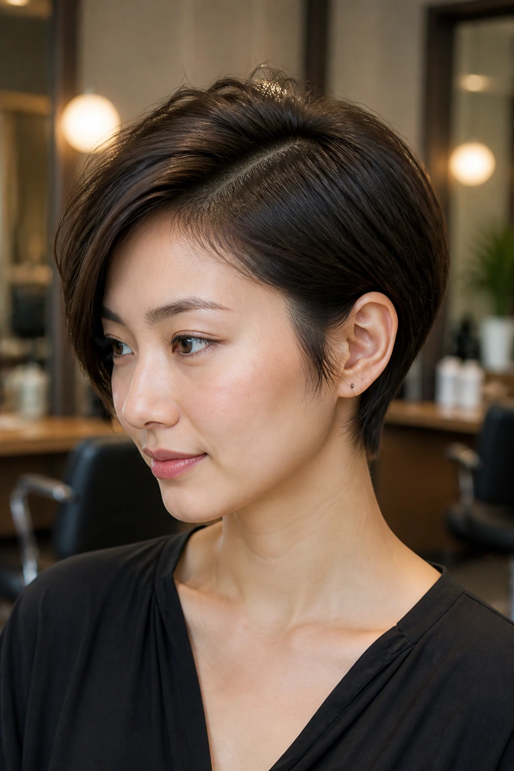 Portrait of Asian woman with a smart side part and balanced crown in a salon setting