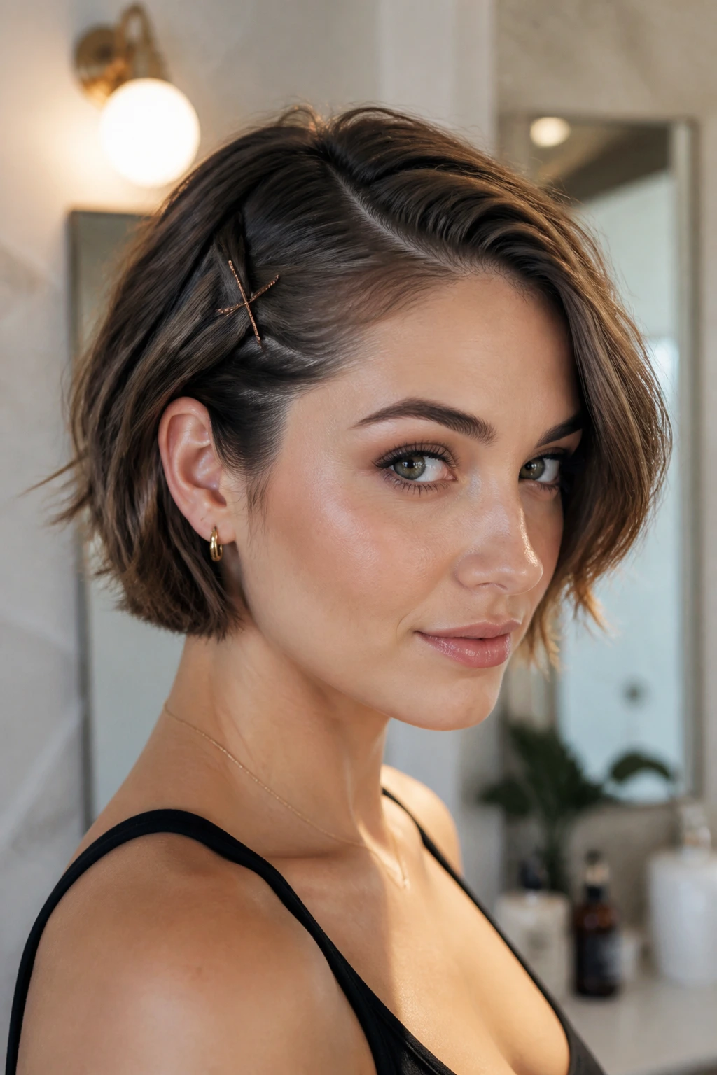 Close-up of off-center part with crossed bobby pins on short hair