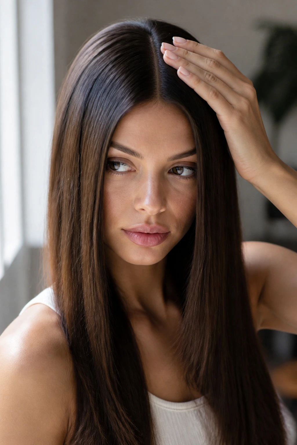 Portrait of a woman with long straight hair showing a crisp part and a pressed line.