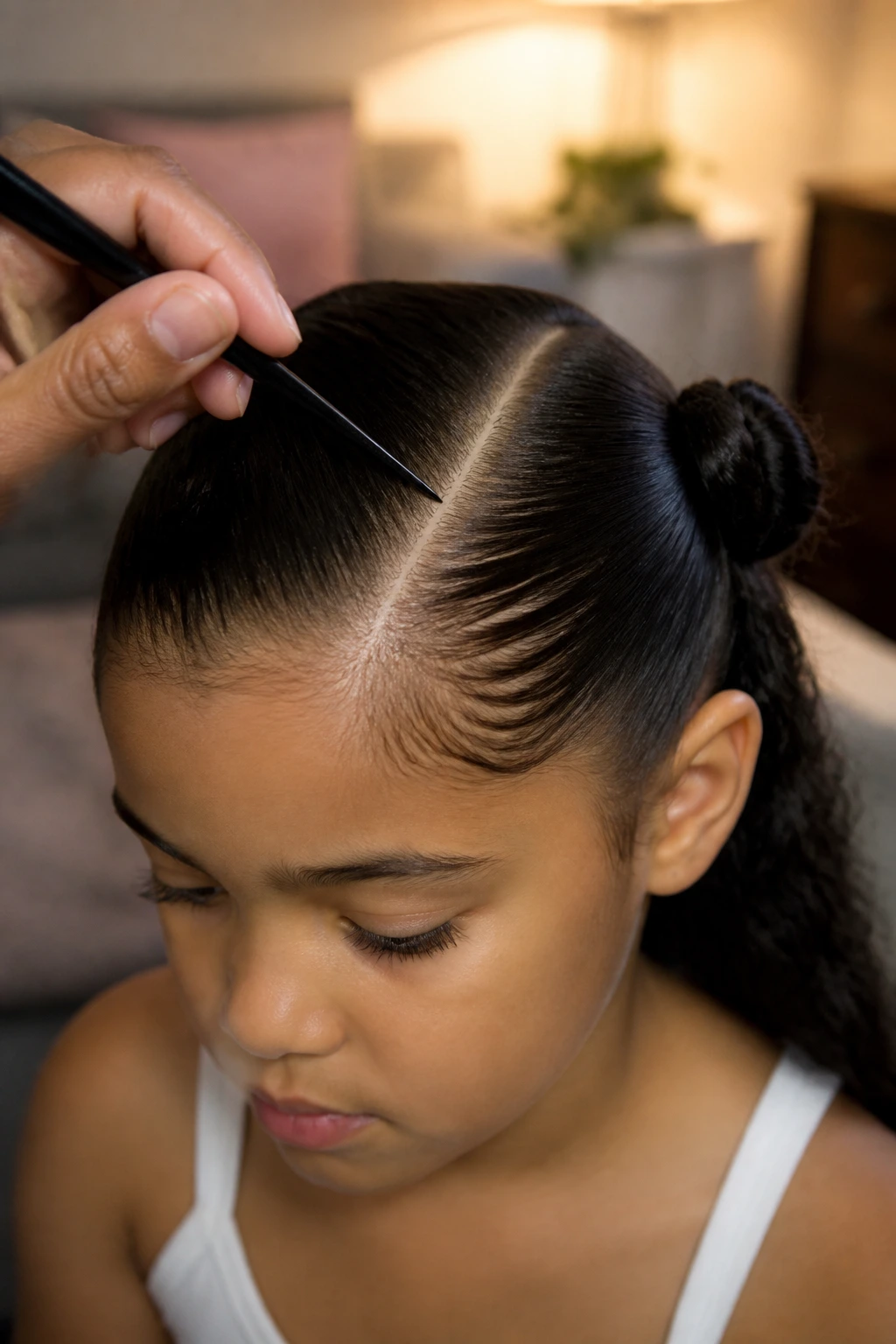 Close-up of a child’s head showing a smooth part pressed with a comb.