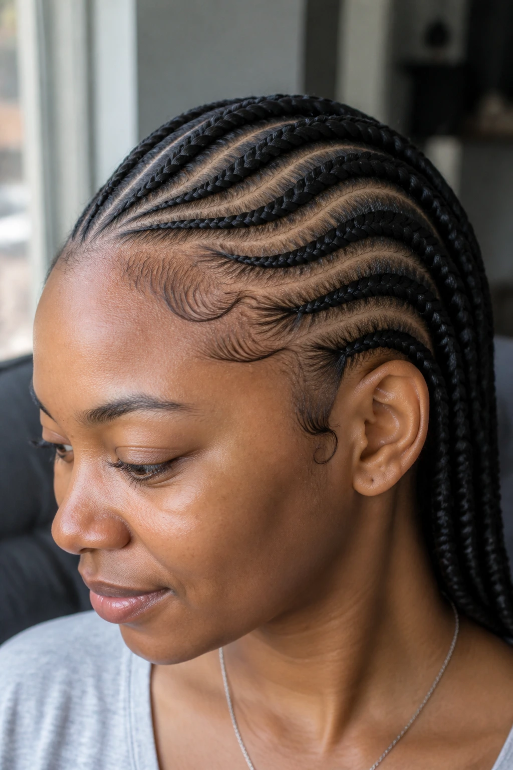 Close-up of hairline with curved cornrow pattern and baby hairs