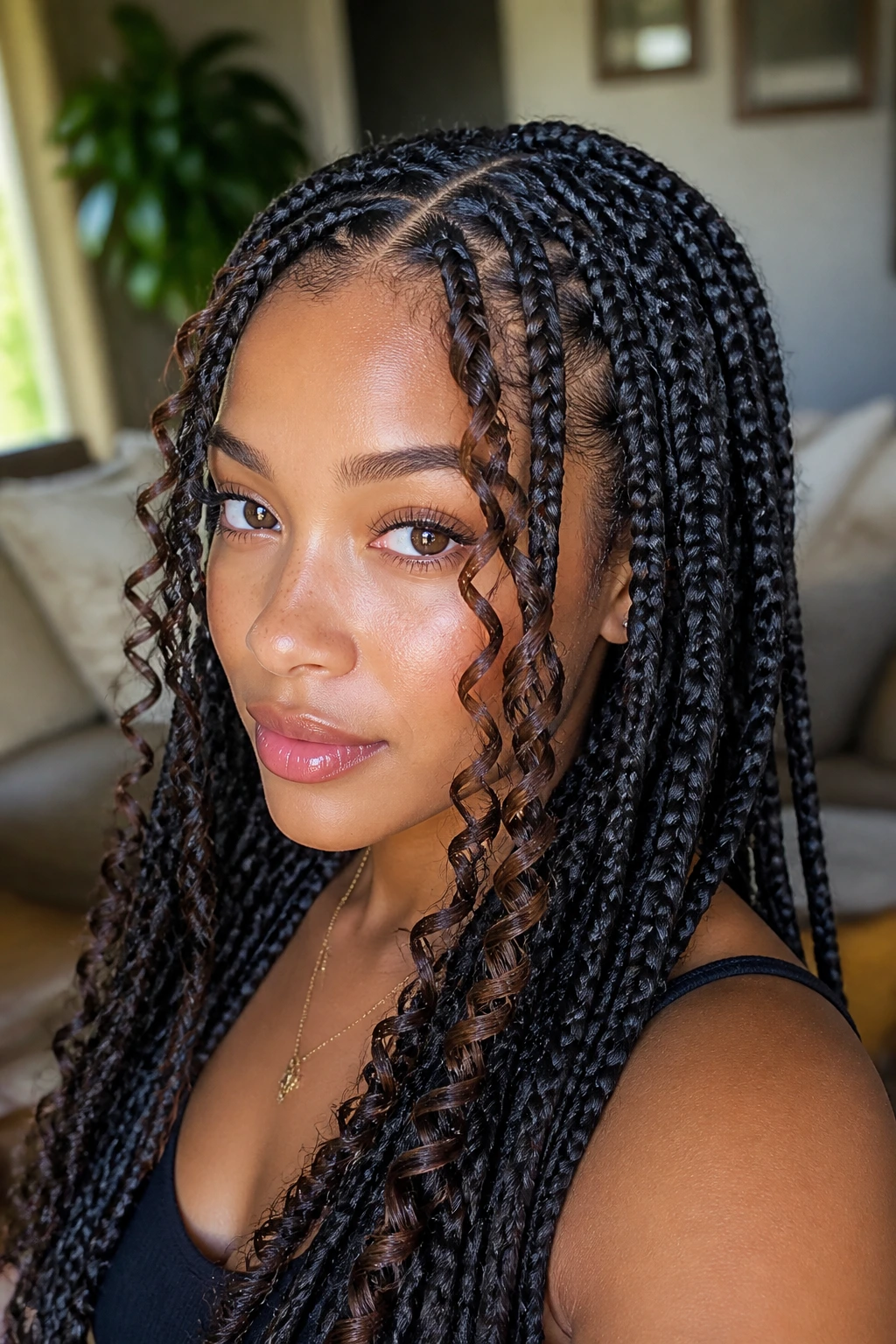 Close-up of box braids with passion-twist accents on a real person.
