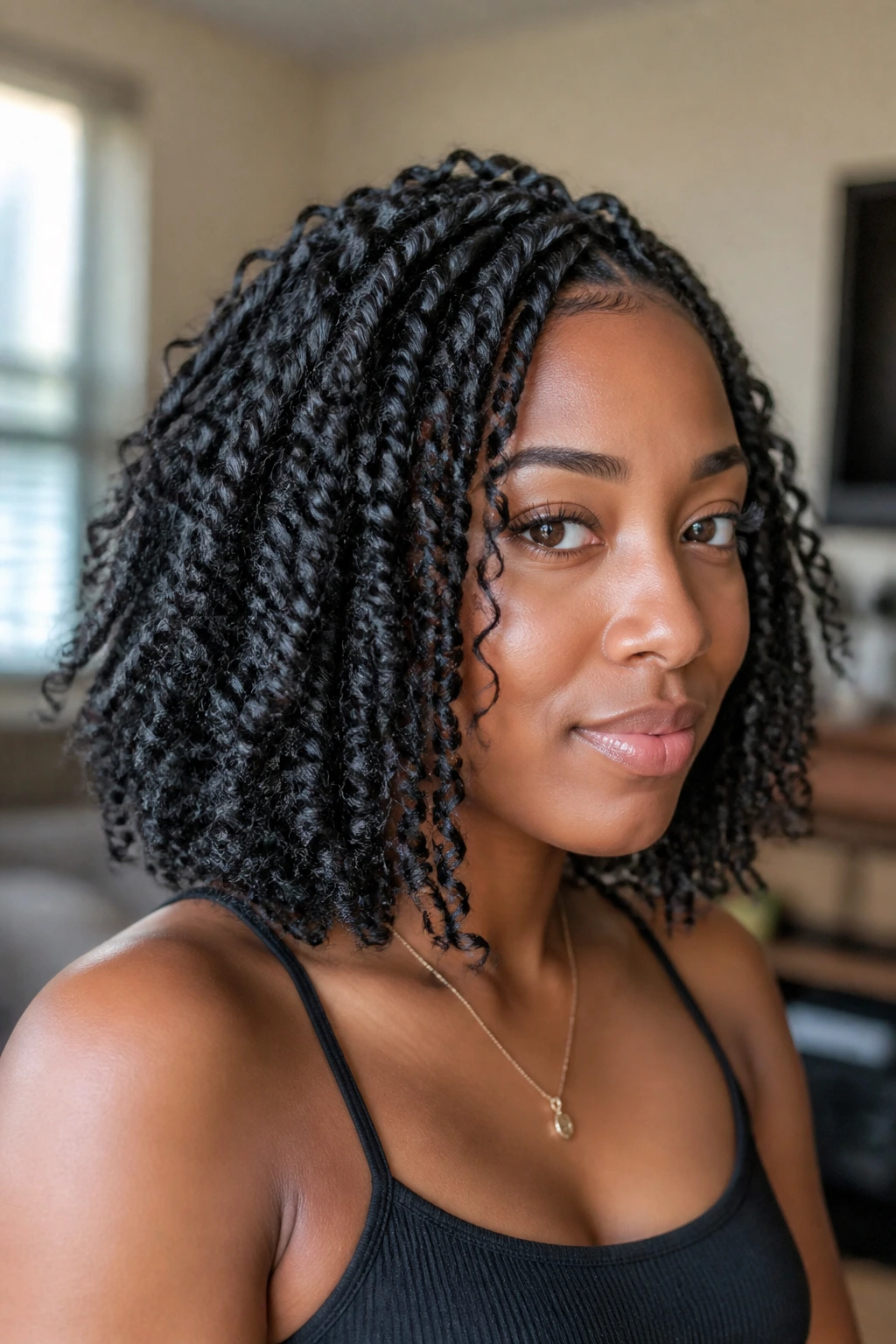 Close-up of a real person with a chin-length passion twist bob, rope-like twists framing the face.