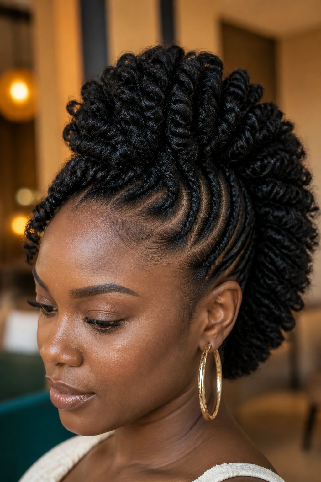 Close-up of a real woman with passion twist crochet mohawk