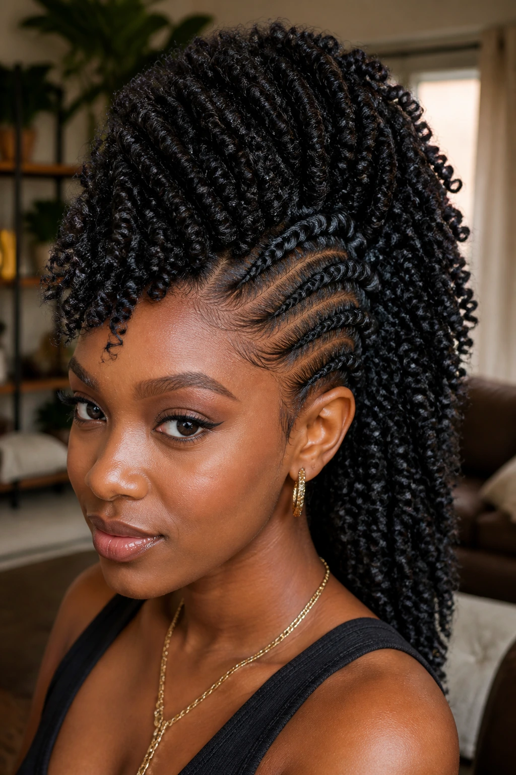Close-up portrait of a real Black woman with passion twist hawk mohawk.