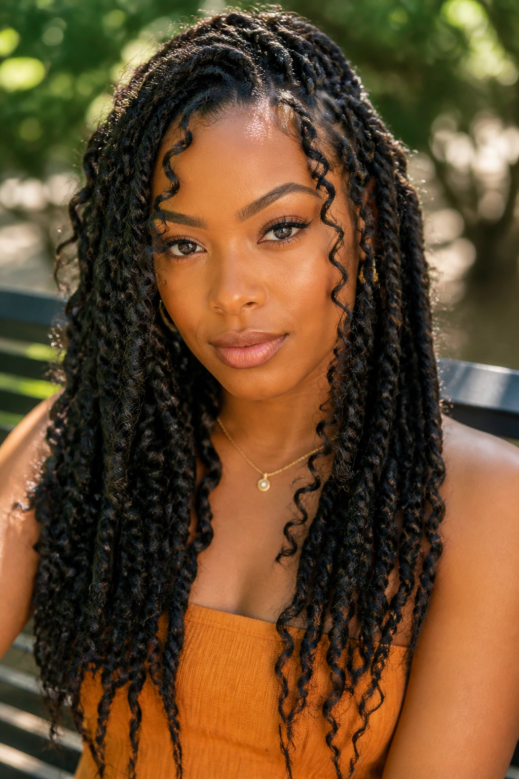 Close-up of passion twists with curly tendrils on a real person in a park