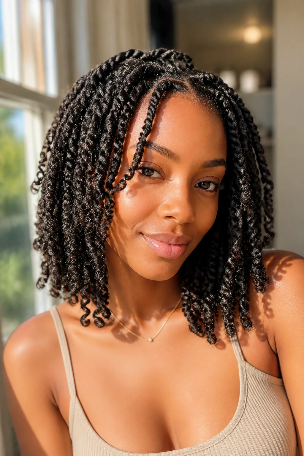 Shoulder-length passion twists on a real person in warm natural light
