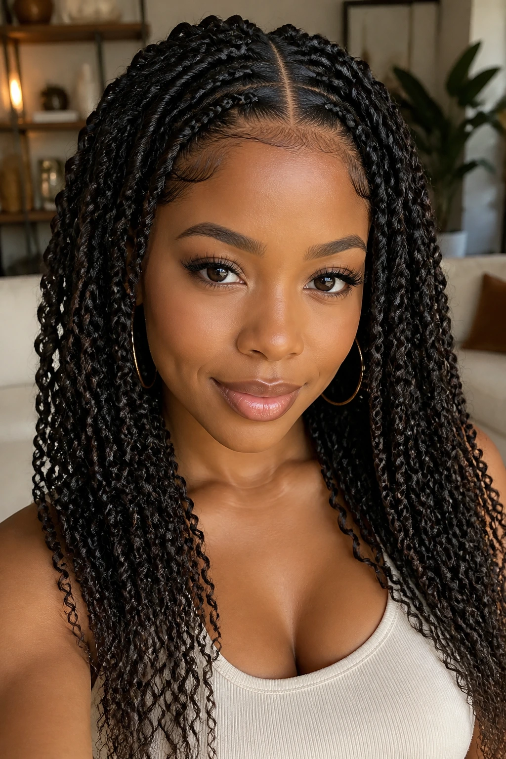 Real woman with a neat middle part in passion twists