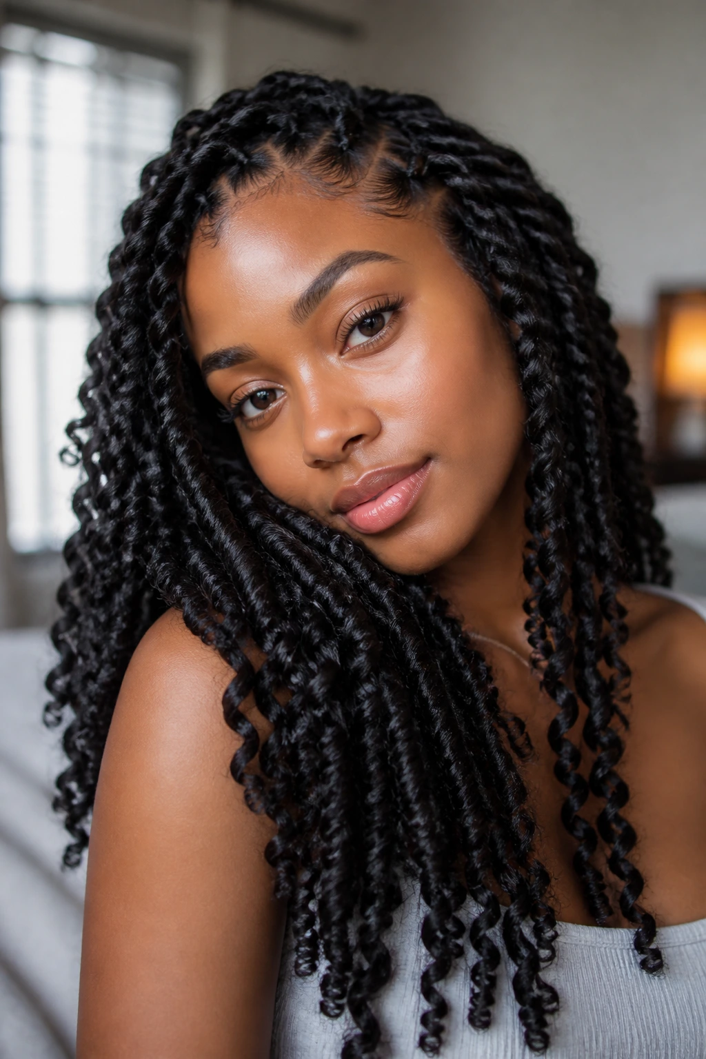 Close-up of a real woman wearing Passion twists filling the frame