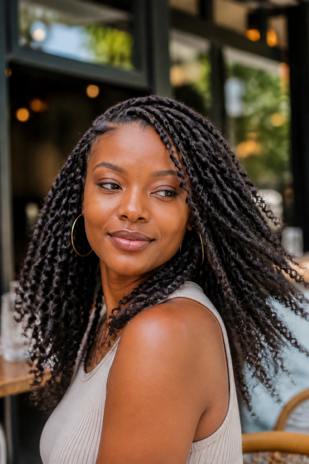 Close-up portrait of a person with passion twists and a swingy finish in natural outdoor light