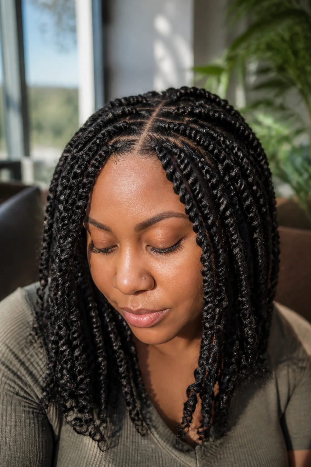 Close-up portrait of passion twist crochet with tidy parting on a real person