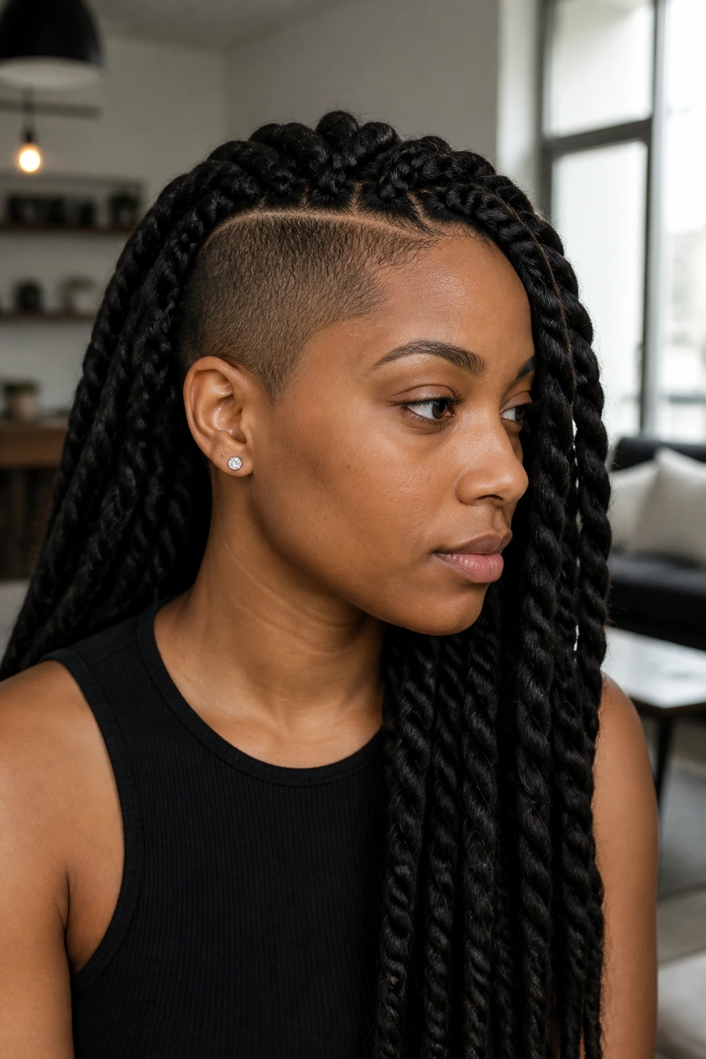 Portrait of a person with jumbo passion twists and a side undercut.