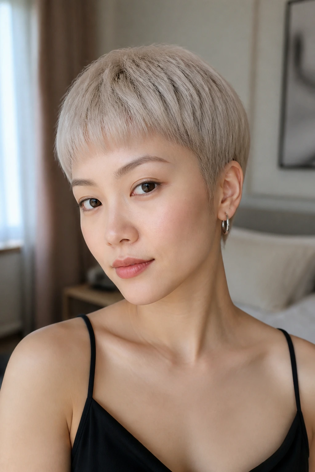 Close-up of a real woman with pastel beige mushroom blonde on a crop.