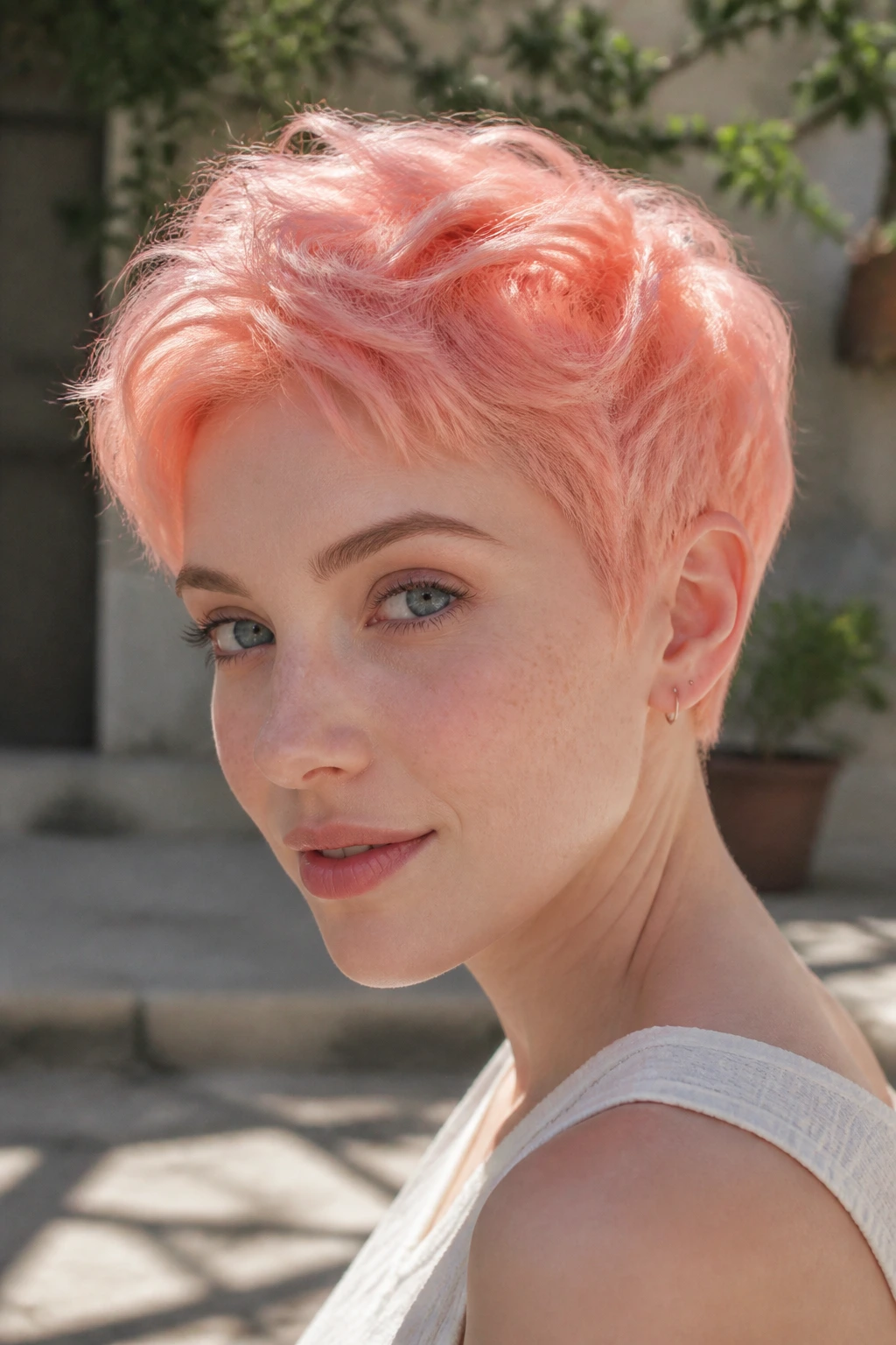 Pastel coral pixie on a real person in sunlight