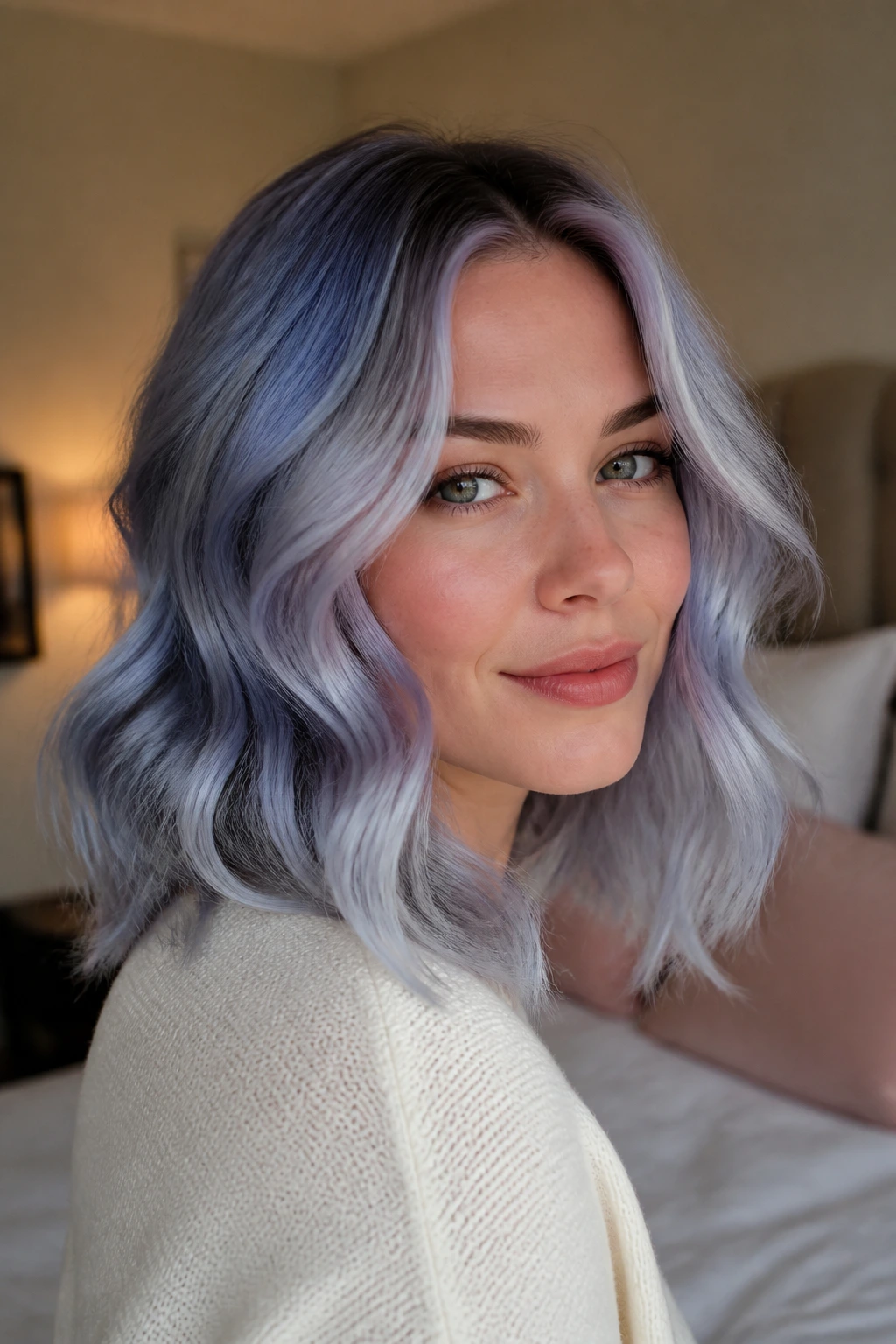 Close-up of a real woman with periwinkle-toned waves under soft natural light