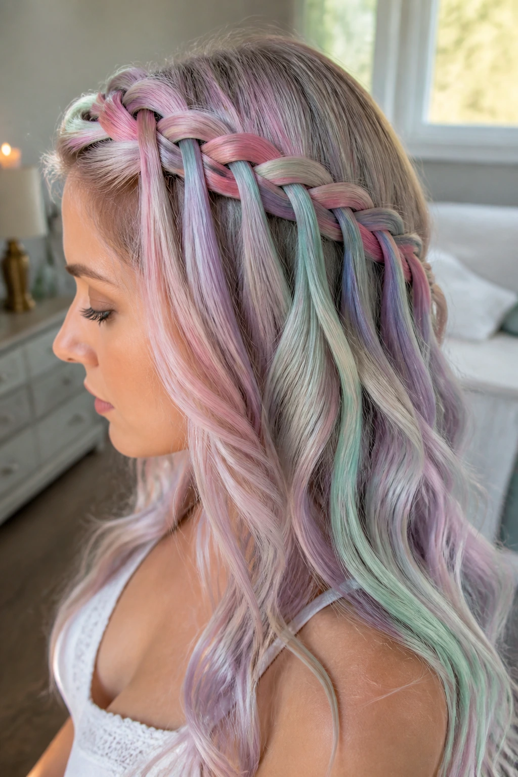 Close-up of a real woman wearing pastel waterfall braid in pink lilac mint colors