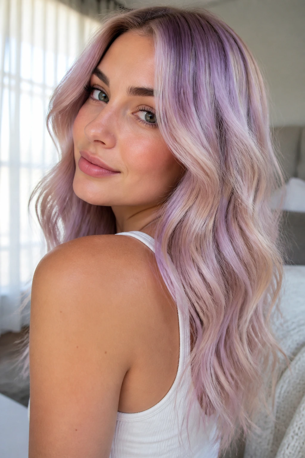 Close-up of a woman with pastel lilac on champagne blonde hair in soft waves