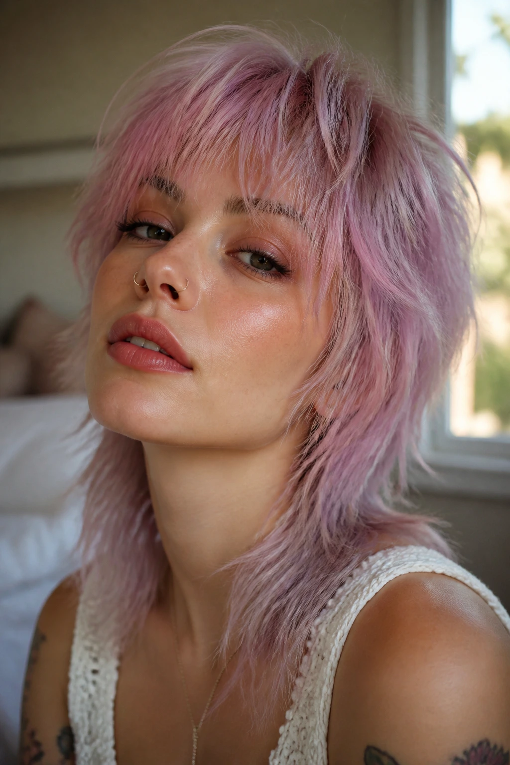 Close-up of a real woman with razor-soft pastel mullet in bedroom light