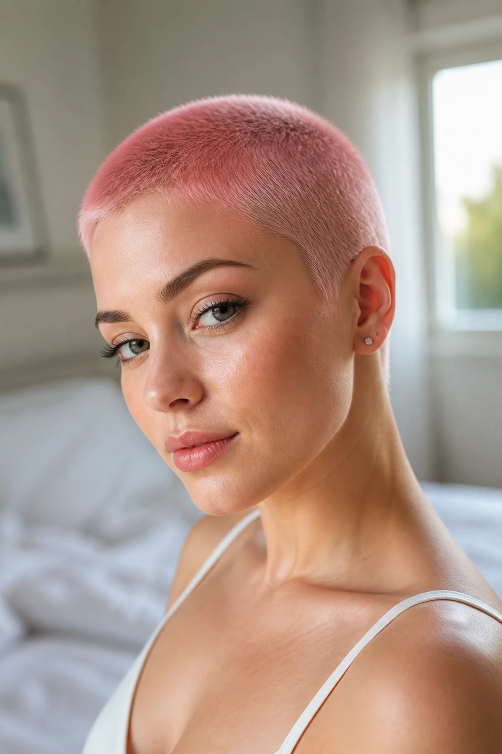 Close-up portrait of a real person with pastel pink buzz cut in bright airy room