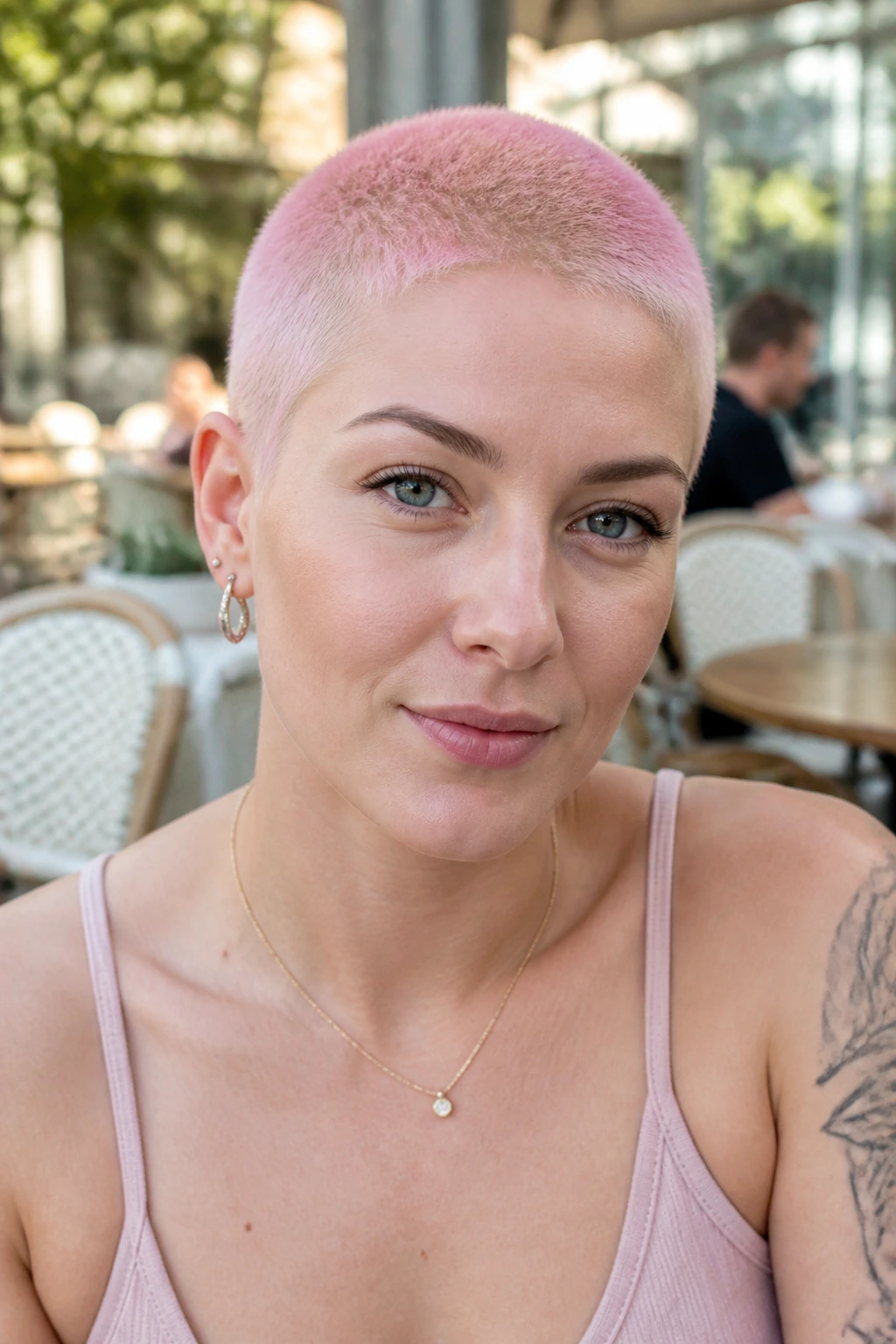 Close-up portrait of a real woman with pastel pink buzz cut in daylight