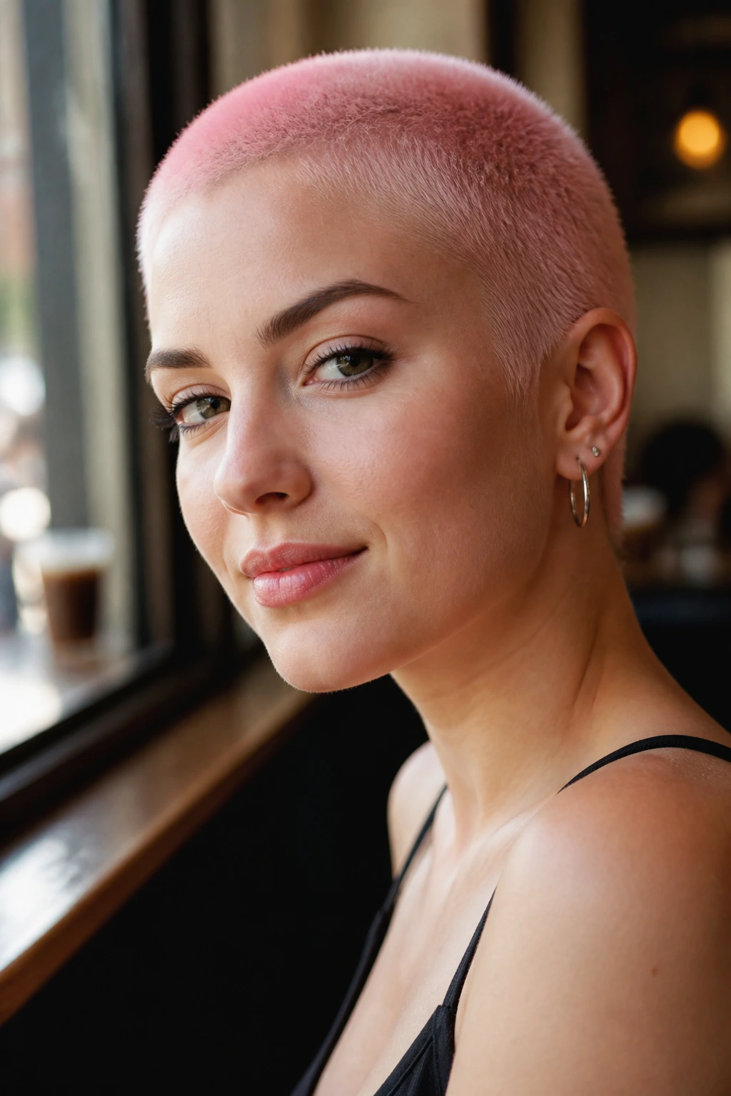 Close-up portrait of a real woman with pastel pink buzz cut in a cafe window light