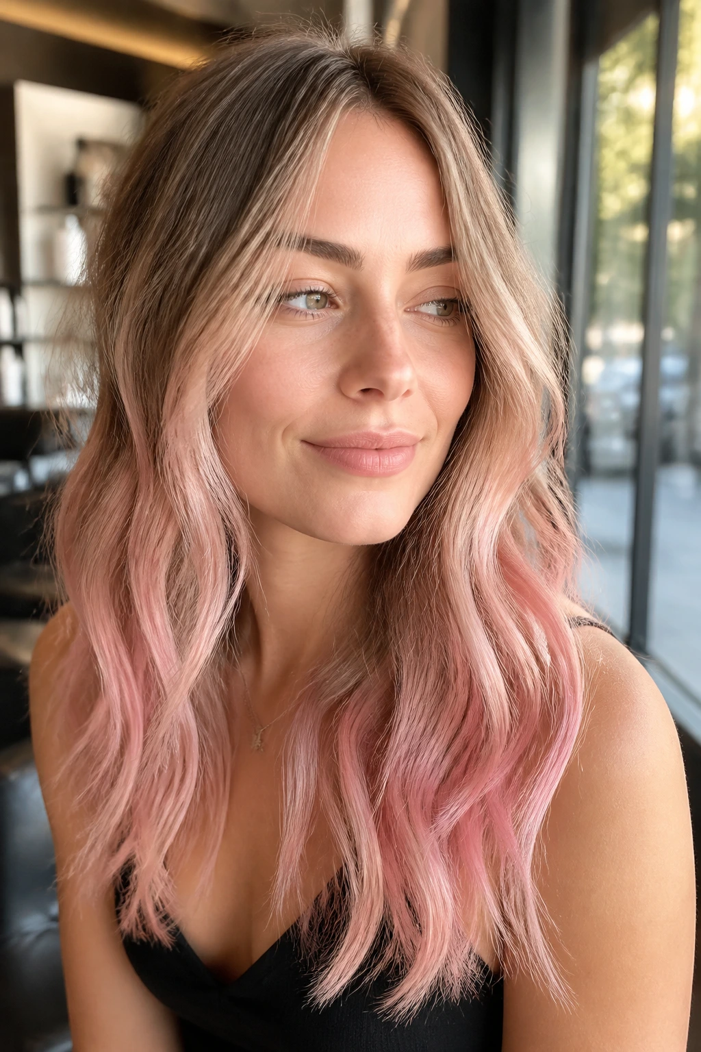 Close-up of a real woman with pastel pink hair tips at the ends, soft warm salon light.