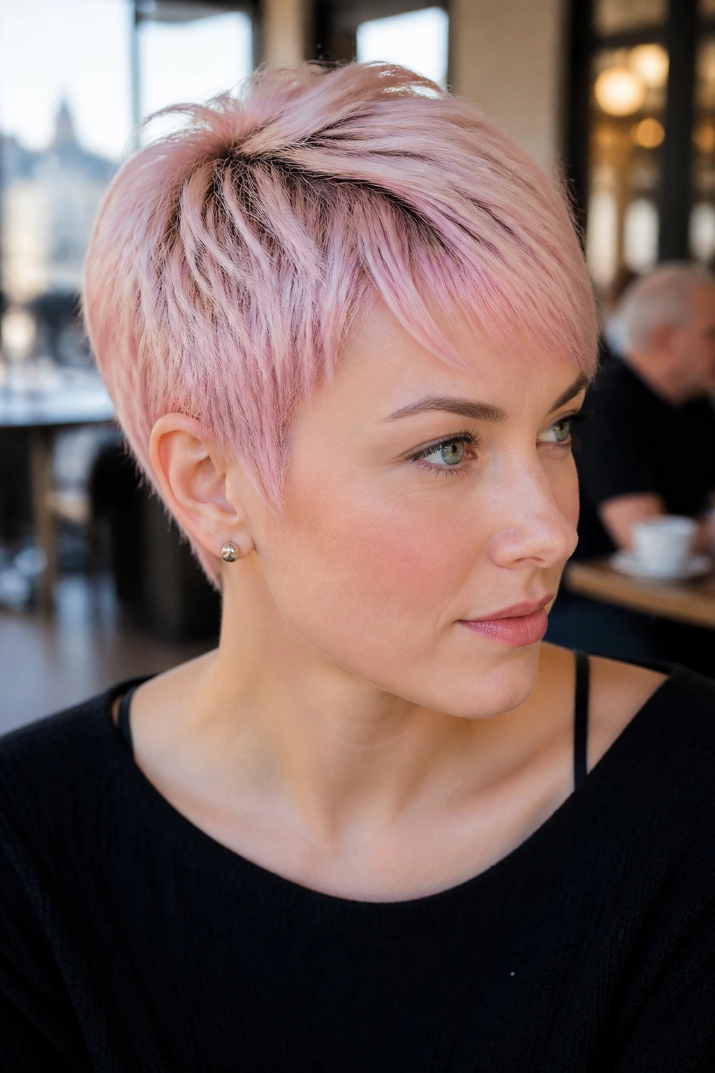 Portrait of a real woman with pastel pink pixie haircut in a cafe setting