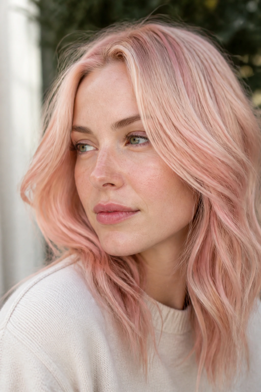 Close-up portrait of a real woman with pastel strawberry blonde hair