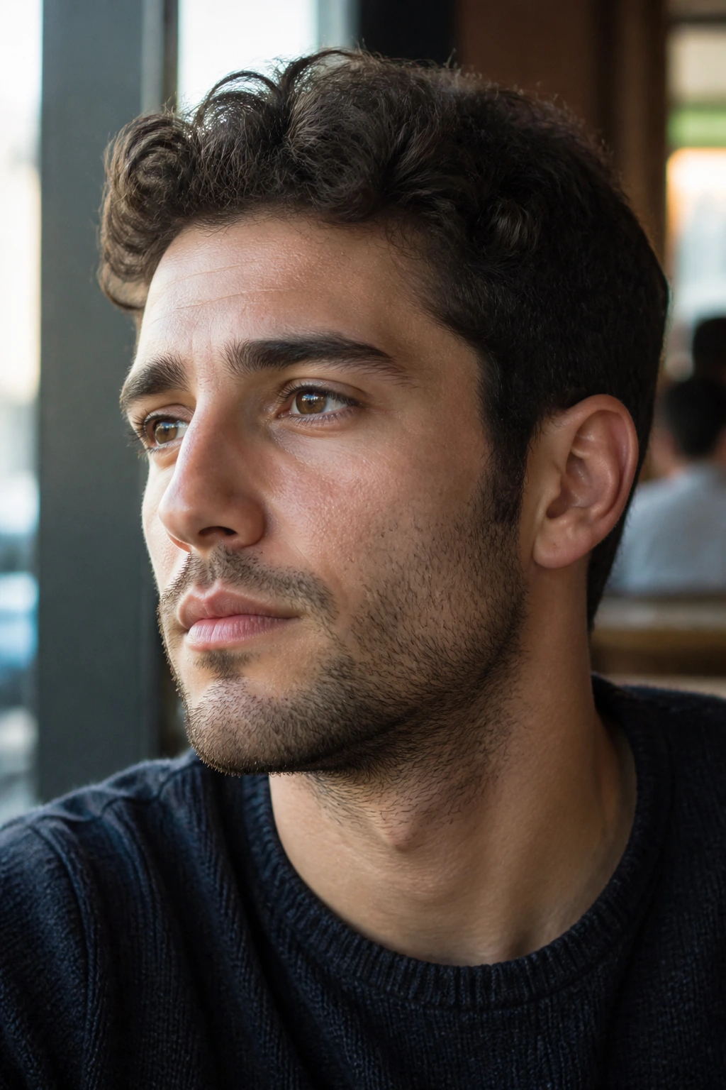 Close-up of a real man with a short, patchy beard trimmed to 1-5 mm