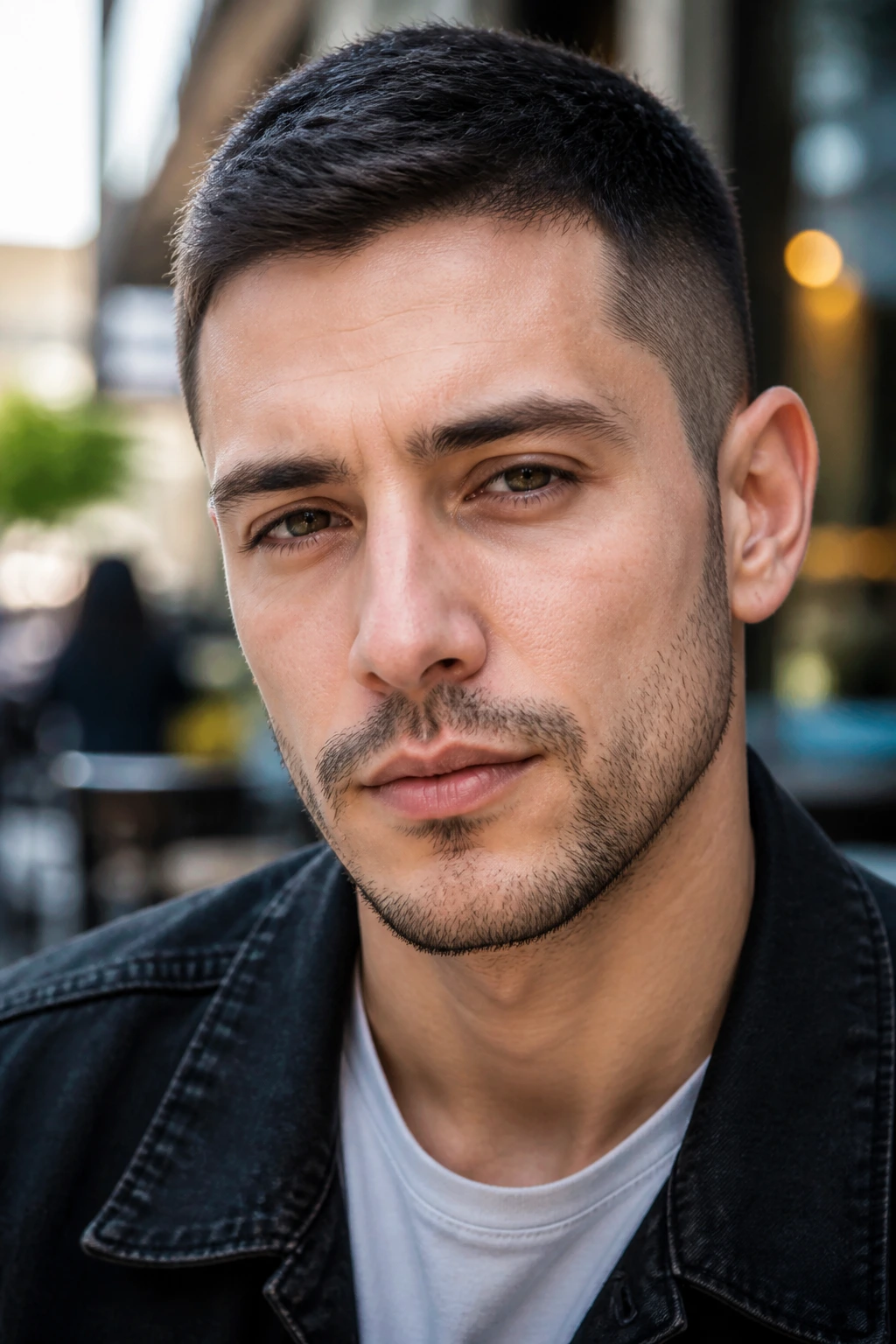 Close-up of a man with a patchy short beard, cheeks shadowed, mustache and chin defining the look in daylight outdoors.
