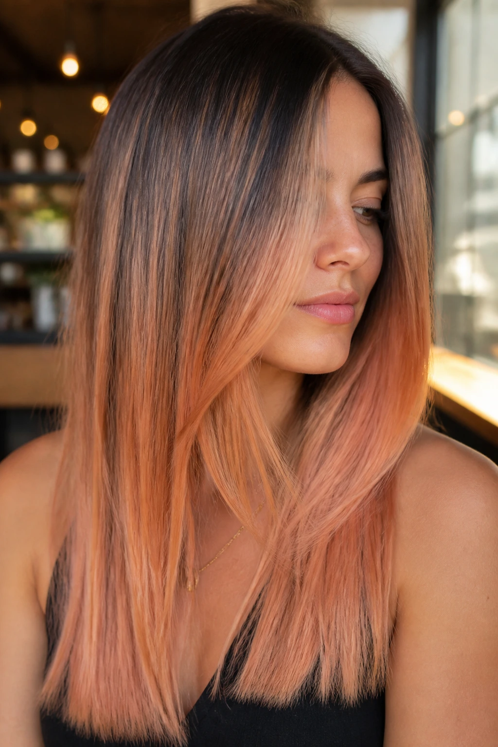 Close-up portrait of a real woman with peach apricot balayage on straight hair in warm light