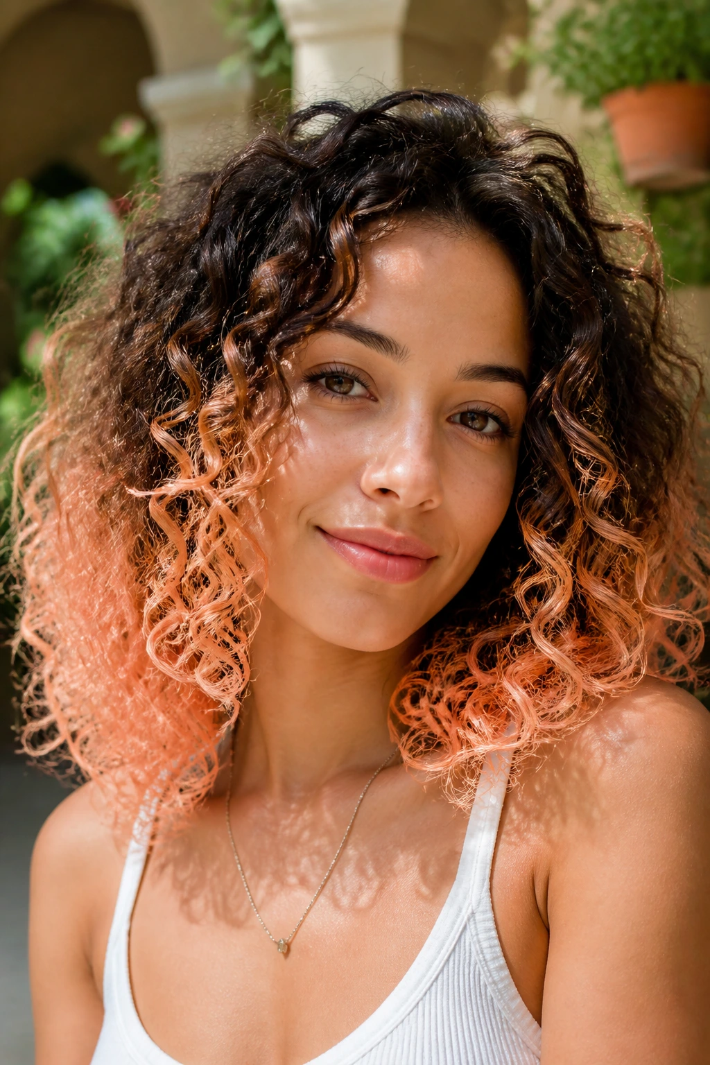 Close-up of a real woman with peach apricot tips on curly hair outdoors