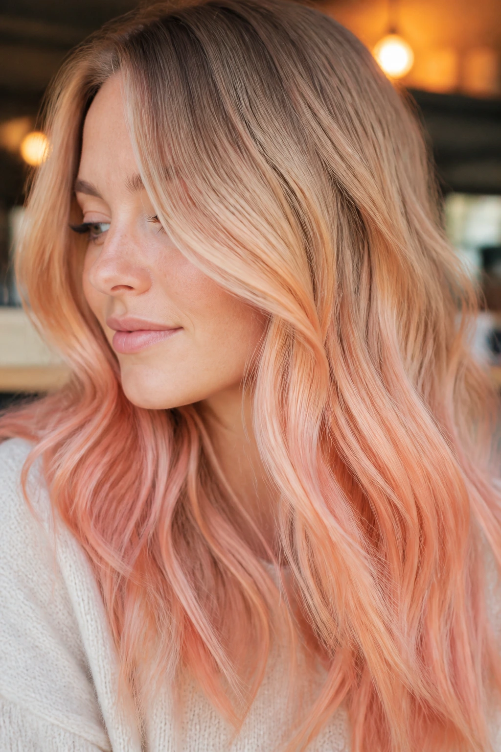 Close-up of peach balayage with soft ends on light blonde hair