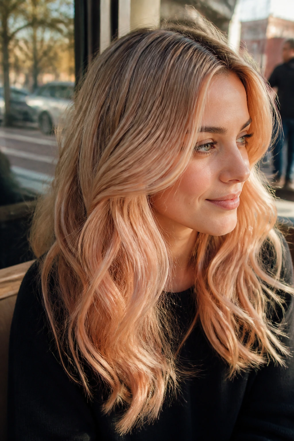 Close-up of peach beige blonde hair on a real person in sunlit cafe light